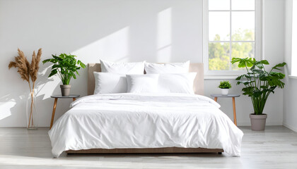 Sunny bedroom with white bedding, and plants.