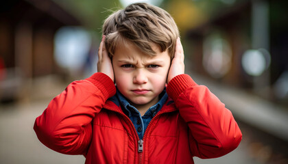 Upset boy covering ears outdoors.