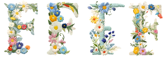 Embroidered Floral Letter F. A 3D detailed embroidered decorative capital letter for creating alphabets, monograms, family tree projects and invitations.
