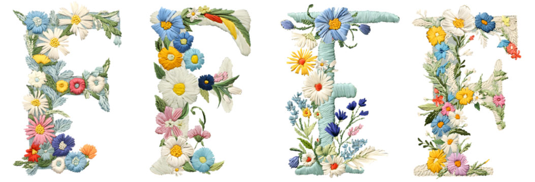 Embroidered Floral Letter F. A 3D detailed embroidered decorative capital letter for creating alphabets, monograms, family tree projects and invitations.