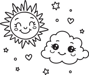 Smiling Sun and Puffy Cloud Coloring Page