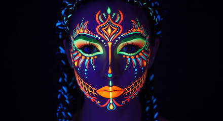 Naklejka premium Woman with intricate neon face paint in dark setting