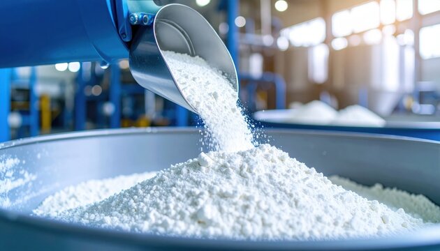 Industrial scene of powdered substance being poured in a factory environment symbolizing food processing, chemical manufacturing or pharmaceutical production