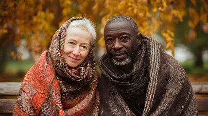 An interracial diversy couple enjoys a cozy moment in autumn. A senior Caucasian woman with gray hair and a senior African man sit together wrapped in warm blankets among falling leaves.