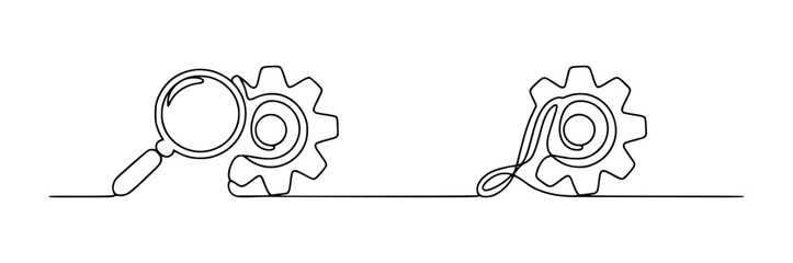 Magnifying glass gear and abstract symbol line art