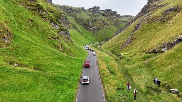 Drone view of Winnats Pass, Peak District National Park, Derbyshire, England, UK.