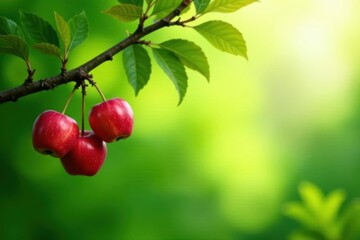 Vibrant red apples hanging from a lush green branch, a captivating scene of nature's bounty, showcasing the beauty of simple things in a tranquil setting