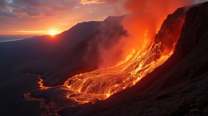 A mesmerizing aerial view captures the fiery spectacle of an icelandic volcano erupting, with molten lava flowing and billowing smoke against the dark landscape