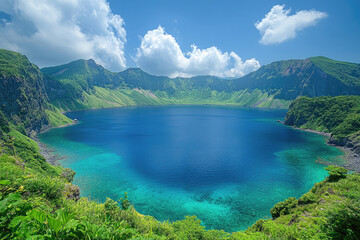 Beautiful Volcano Lake with Clear Water and Blue Sky