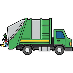 Cartoon graphic of a green garbage truck dumping waste.