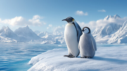 An adult emperor penguin and its chick stand side by side on snowy ice near the ocean with mountains in the background