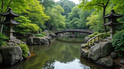 Tranquil Japanese Garden with Stone Lanterns and Bridge
