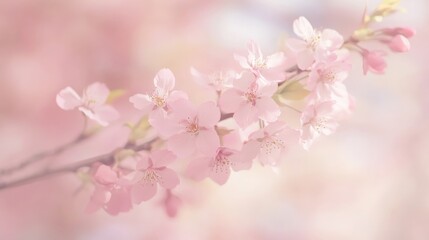 Fototapeta premium Soft Pink Cherry Blossom Branch with Delicate Flowers Against a Dreamy Background for Nature and Spring Themes, Perfect for Elegant Designs and Crafts