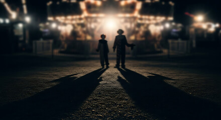 Two clowns walking at night with long shadows