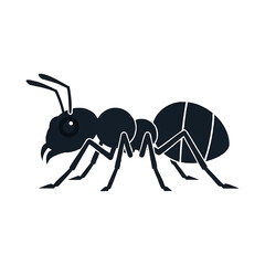 A stylized black ant illustration, shown in profile, with detailed legs, antennae, and body segments against a white background.