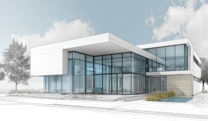 Obraz premium Architectural sketch of a modern building