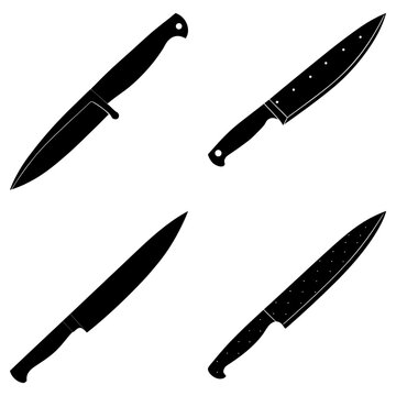 Four black and white knife illustrations with different blade and handle shapes on a white background