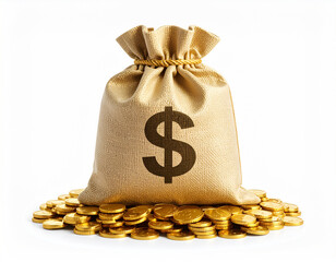 Brown sack with dollar logo among gold coins