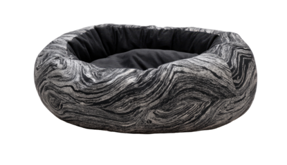 A round, dark gray dog bed with a marble-like pattern.  The bed has a dark gray interior and exterior,  and the marble pattern features light gray swirls