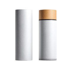 Minimalist White Cylindrical Containers with Brown Cap on Transparent Background