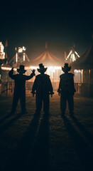Silhouetted clowns at a dark halloween carnival