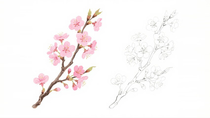 Naklejka premium A stunning watercolor and ink drawing of a beautiful cherry blossom branch with blooming pink flowers, symbolizing spring and new beginnings.