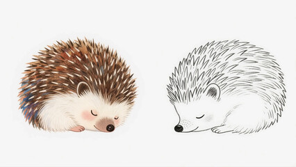 Obraz premium An adorable watercolor illustration of a sleeping hedgehog with closed eyes, showcasing its cute and spiky fur. A peaceful and detailed line art version is also included for coloring activities.