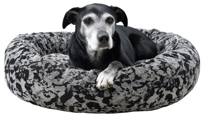 Black and gray dog in a circular, patterned bed