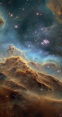 Vast nebula, swirling clouds of cosmic dust and gas, scattered stars