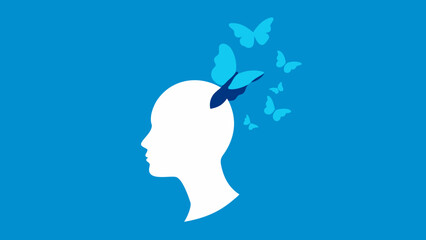 White Head Silhouette Blue Butterflies Escaping profile