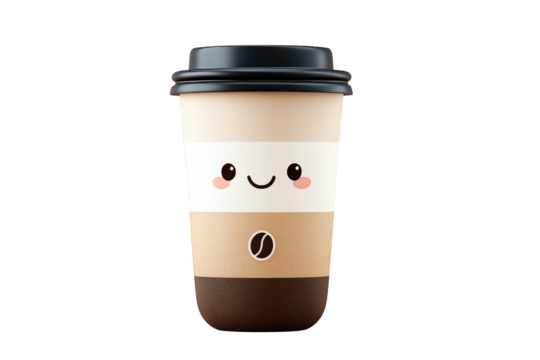 Cute Happy Coffee Cup Character with Smile and Blush in Modern Design - Powered by Adobe