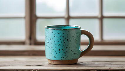 Speckled Teal Pottery Mug on Wooden Base Near Window, cup of coffee on wooden table