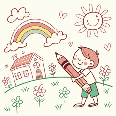 Kid crayon hand drawn background. Children school pencil bg. Cute summer flower, cloud, house, rainbow sun child icon. Vector kid sketch illustration. Cute crayon children pattern. Color pencil doodle