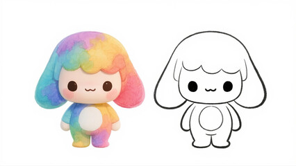 Obraz premium An adorable watercolor illustration of a cute, colorful plush toy character with big eyes, alongside a simple line art drawing for coloring.