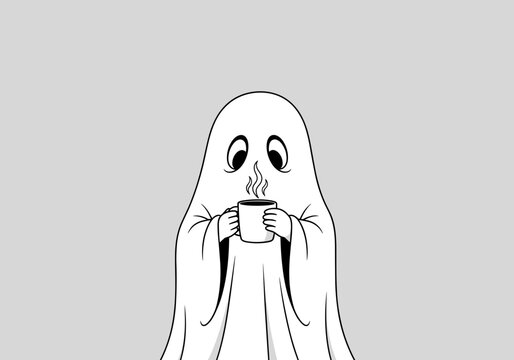 Cartoon ghost holding steaming cup on gray background  