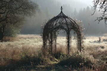 Ornate gazebo in a misty meadow