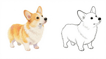 Obraz premium A charming watercolor illustration of a Pembroke Welsh Corgi, a cute and fluffy dog breed, with a matching line art for coloring activities.
