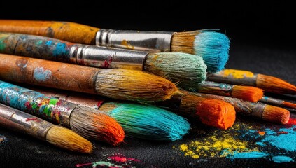 Used paintbrushes, various colors, and splattered paint on a dark surface