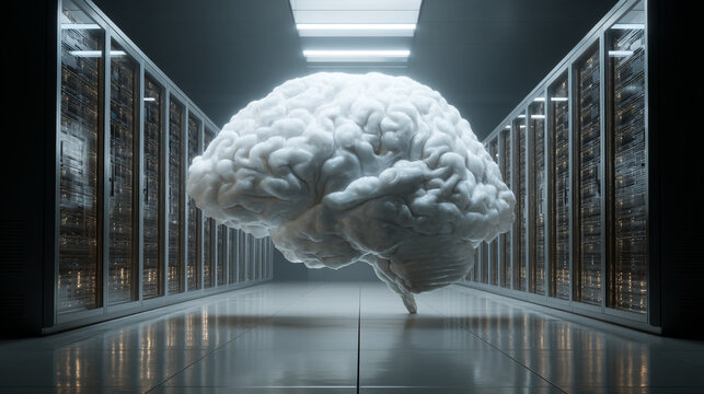 A brain floating in a server room with rows of computer servers visible around