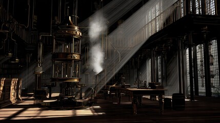 Fototapeta premium A grand, steampunk-inspired library filled with intricate machinery.