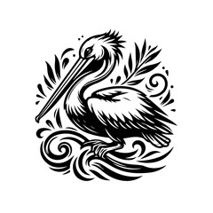 A detailed pelican illustration isolated on white background with decorative elements