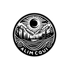 Alimcqui landscape with mountains, sun, trees, and river isolated on white background