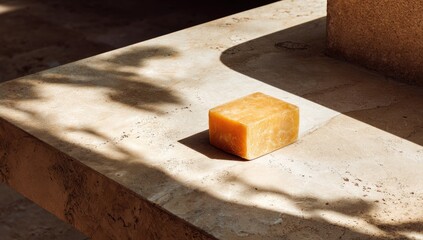 Golden cube of soap rests on a light beige surface, dappled with sun