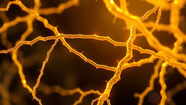 Golden collagen fibers intertwine in microscopic view, refracting light through their intricate living architecture.