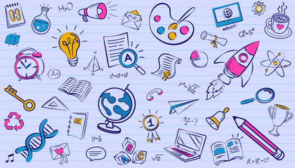 School education background pattern on lined notebook paper. Hand drawn doodle icons featuring science, art and stationery elements. Back to school vector illustration texture.