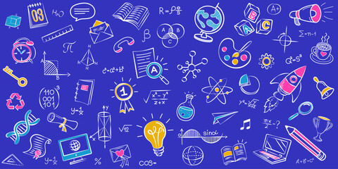 Seamless pattern of hand-drawn education and science doodles. A colorful knowledge and learning concept background for a website or presentation.