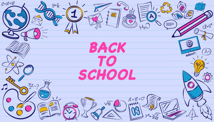 Back to School background frame with colorful education doodle icons on a lined paper texture. A modern template for a presentation slide or invitation card.