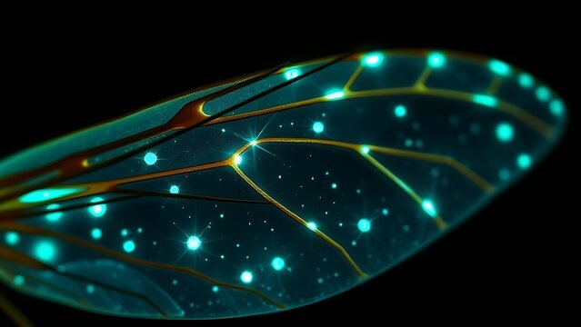 A microscopic view of a bioluminescent mosquito wing, glowing with intricate patterns in darkness.