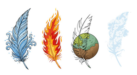 Elemental feather illustrations representing water, fire, earth, and air elements in isolated display