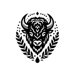 Obraz premium Majestic bison head with wreath isolated on white background in black and white
